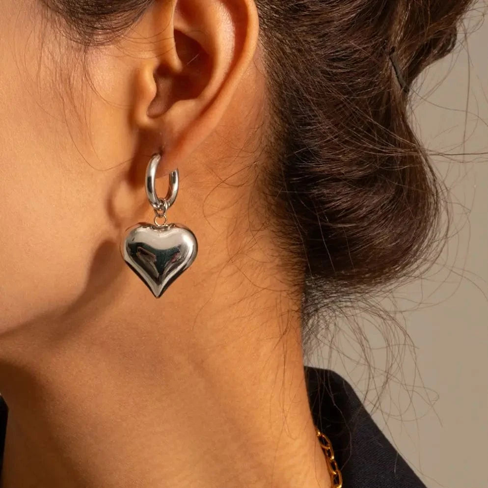 heart / E1844 E1844 18K Gold Plated Waterproof Stainless Steel Chunky Hoop Huggie Heart Shape Pendant Earring Women