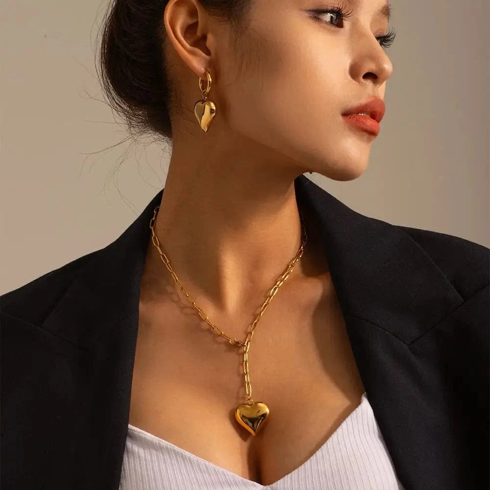 heart / E1844 E1844 18K Gold Plated Waterproof Stainless Steel Chunky Hoop Huggie Heart Shape Pendant Earring Women