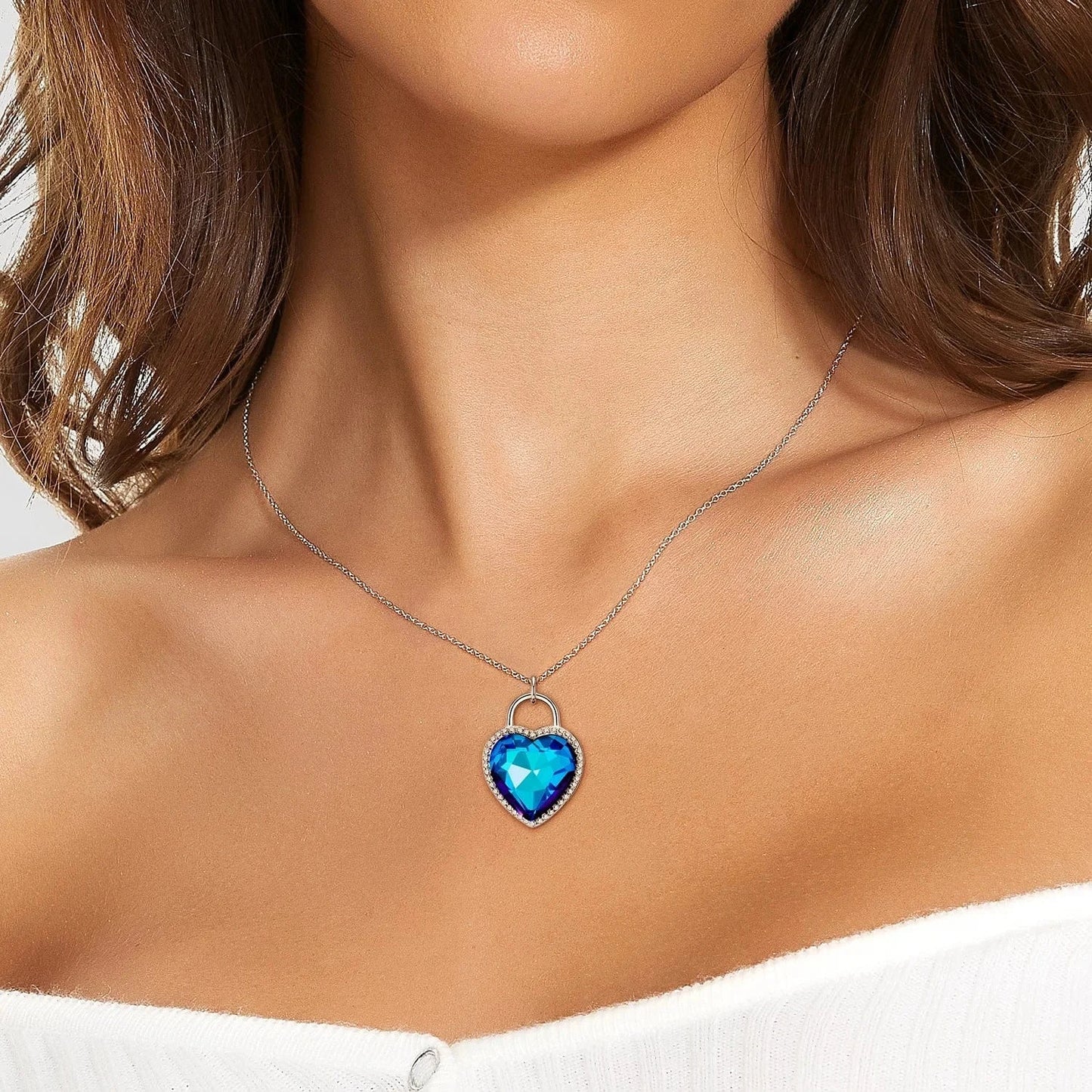 Heart of the Ocean Necklace and Earring Set Real 925 Sterling Silver Women Jewelry with Sparkling Zircon for Lovers Anniversary