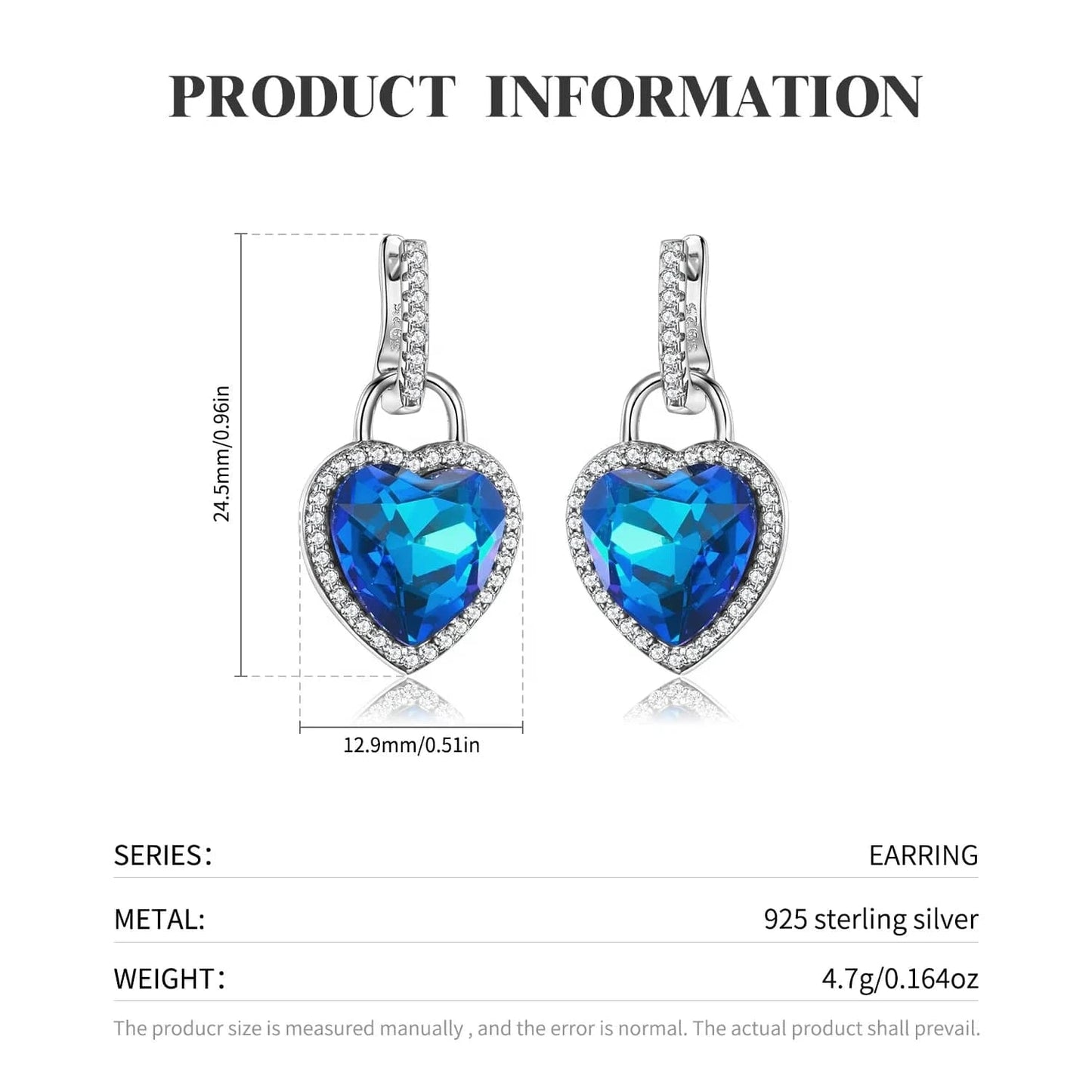 Heart of the Ocean Necklace and Earring Set Real 925 Sterling Silver Women Jewelry with Sparkling Zircon for Lovers Anniversary