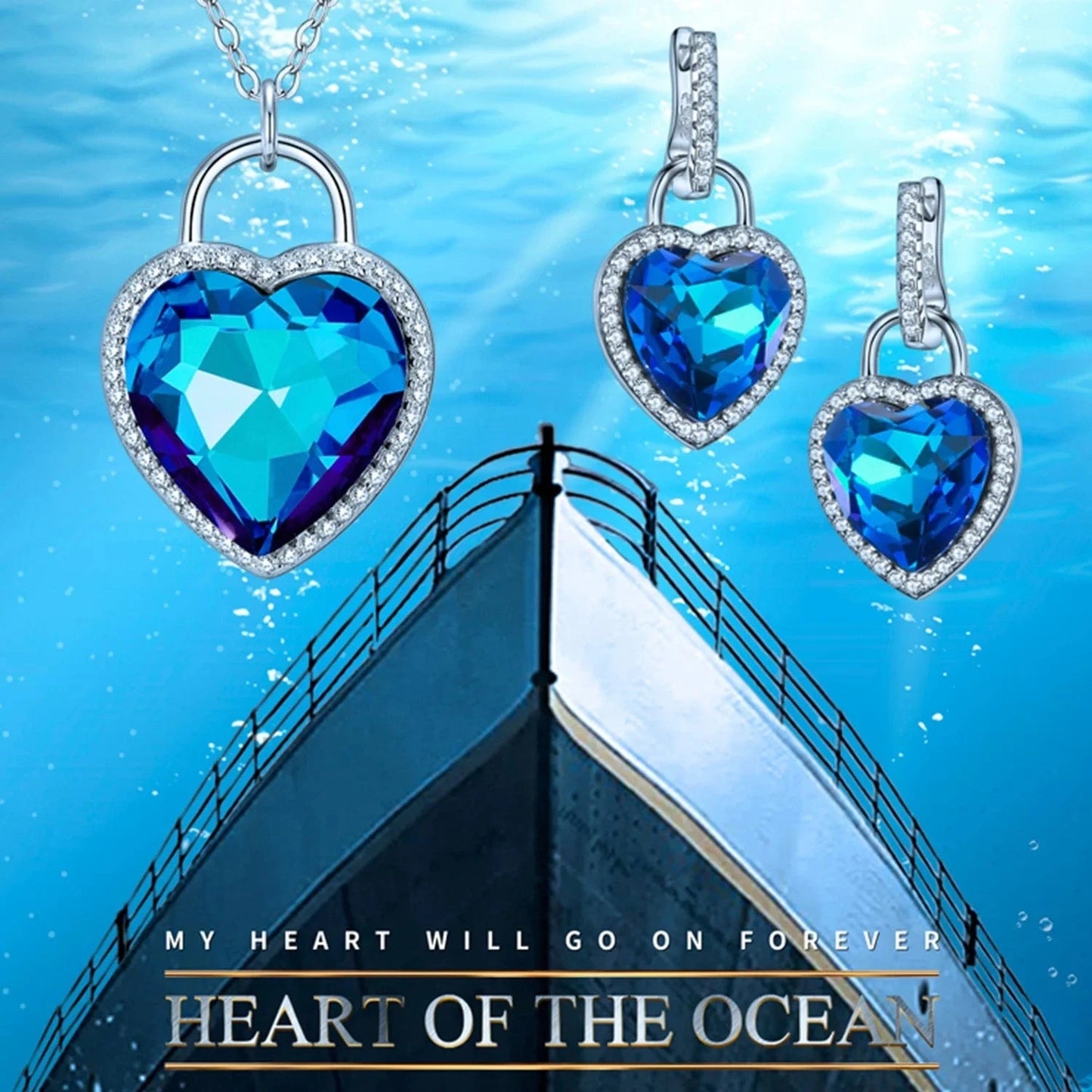 Heart of the Ocean Necklace and Earring Set Real 925 Sterling Silver Women Jewelry with Sparkling Zircon for Lovers Anniversary