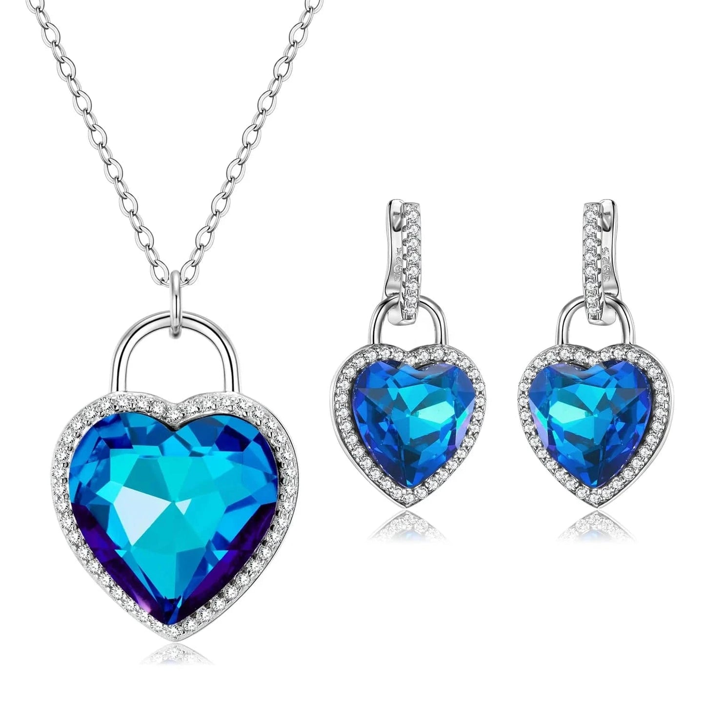 Heart of the Ocean Necklace and Earring Set Real 925 Sterling Silver Women Jewelry with Sparkling Zircon for Lovers Anniversary