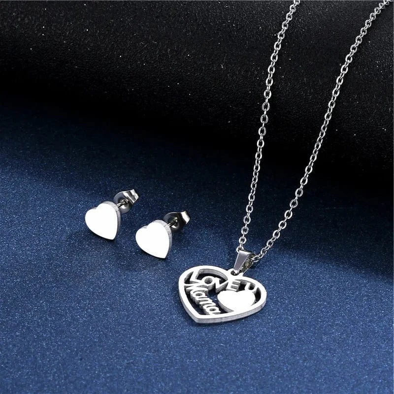 heart / Silver Heart Shaped Mother's Day Jewelry I love You Mom Fashion Love Ladies Necklace Stud Earrings Set