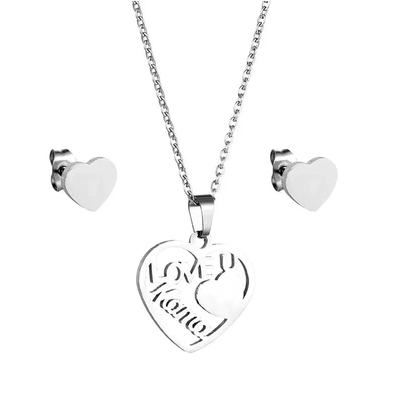heart / Silver Heart Shaped Mother's Day Jewelry I love You Mom Fashion Love Ladies Necklace Stud Earrings Set