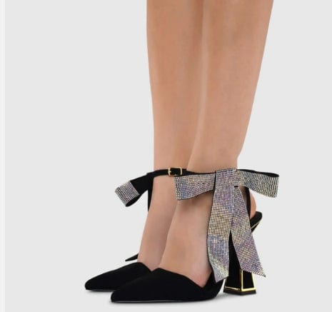 Heel Sandals Black Ladies Slingback Shoes Sexy Chunky Heel Sandals Hot Sale Party Dinner Dress Rhinestone Bow High Heel Summer Pumps