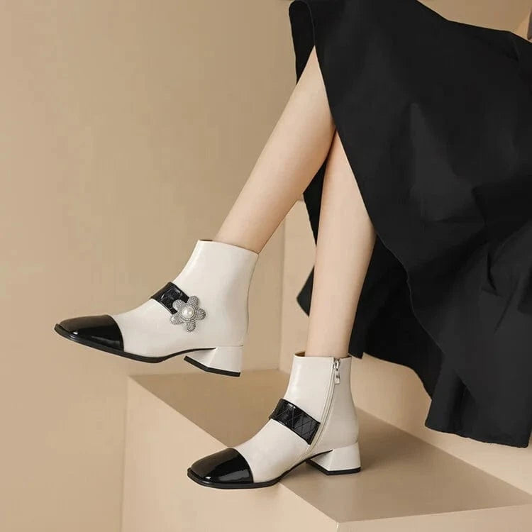 HG178 Black and white stitching Mary Jane women's high heel short boots, fashionable and elegant women's boots