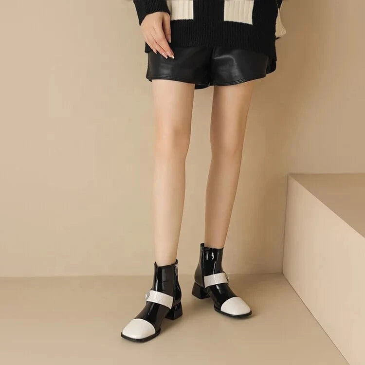 HG178 Black and white stitching Mary Jane women's high heel short boots, fashionable and elegant women's boots