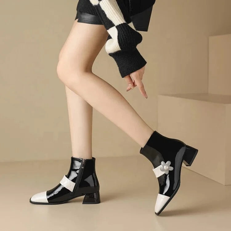 HG178 Black and white stitching Mary Jane women's high heel short boots, fashionable and elegant women's boots