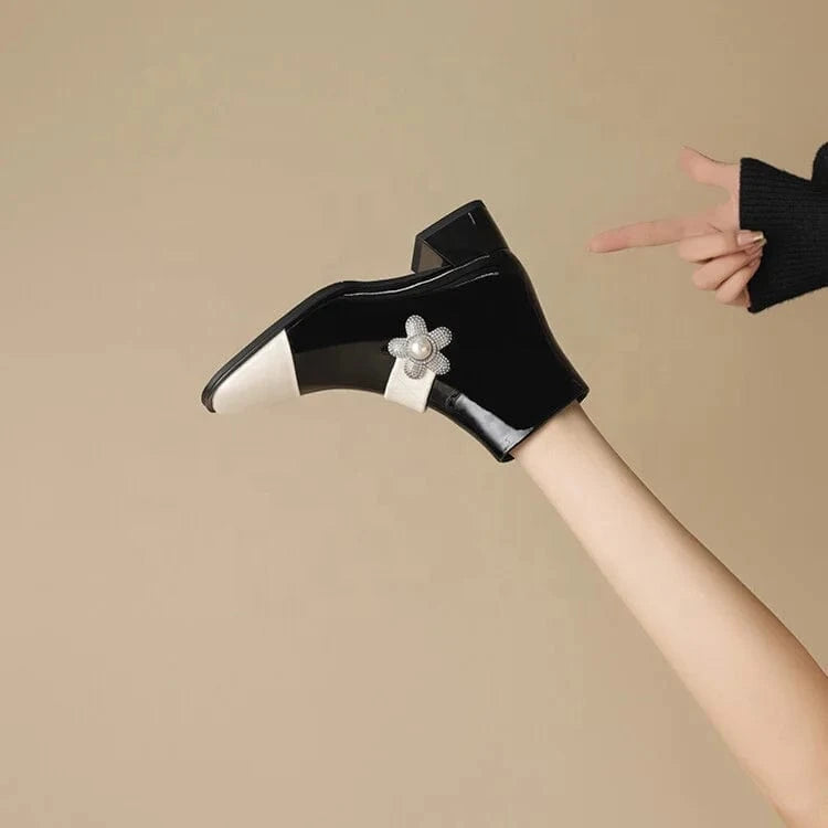 HG178 Black and white stitching Mary Jane women's high heel short boots, fashionable and elegant women's boots