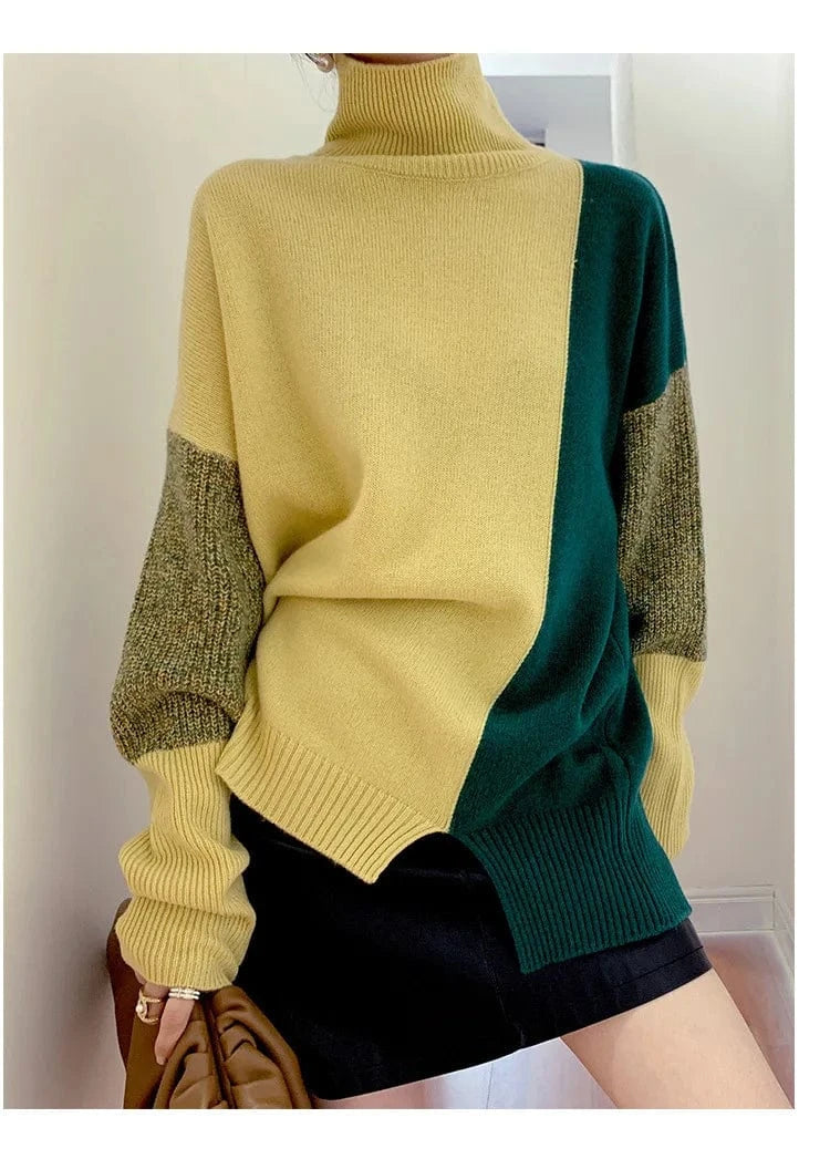 High Collar Colour Bump Jumper Women Loose Autumn And Winter 2024 New Knitted Jumper Tops Women