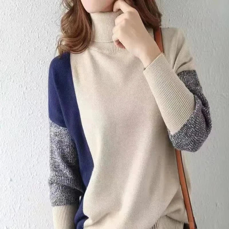 High Collar Colour Bump Jumper Women Loose Autumn And Winter 2024 New Knitted Jumper Tops Women