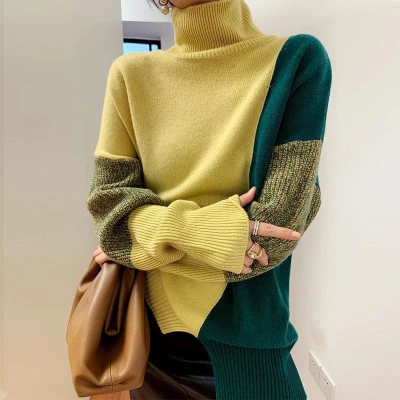 High Collar Colour Bump Jumper Women Loose Autumn And Winter 2024 New Knitted Jumper Tops Women