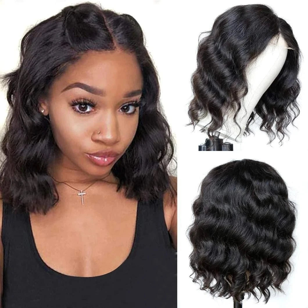 High Density 180% Natural Black Body Wave Wigs HD Lace Front Human Hair Wigs With Curtain Bangs Length 8 24 30 inch