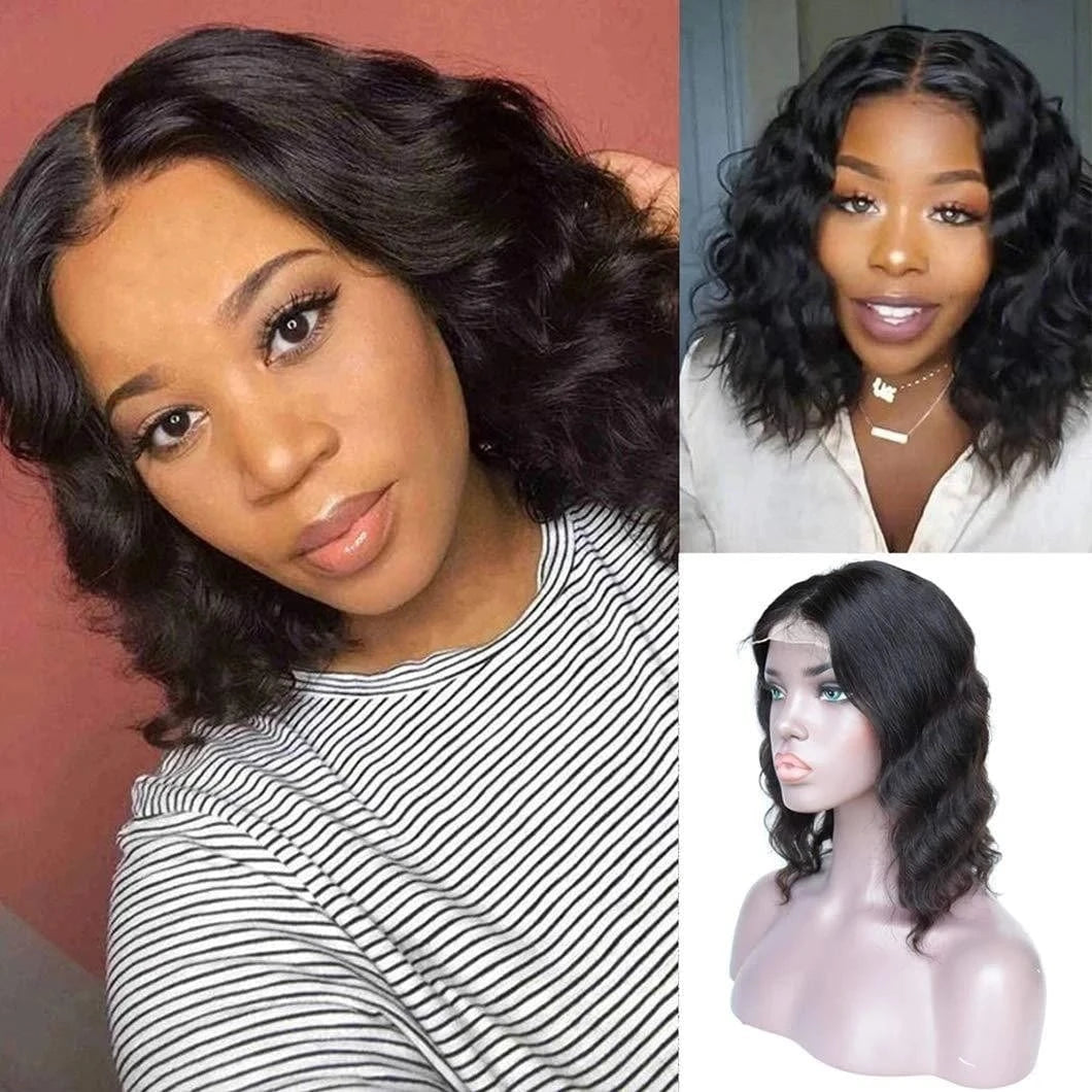 High Density 180% Natural Black Body Wave Wigs HD Lace Front Human Hair Wigs With Curtain Bangs Length 8 24 30 inch