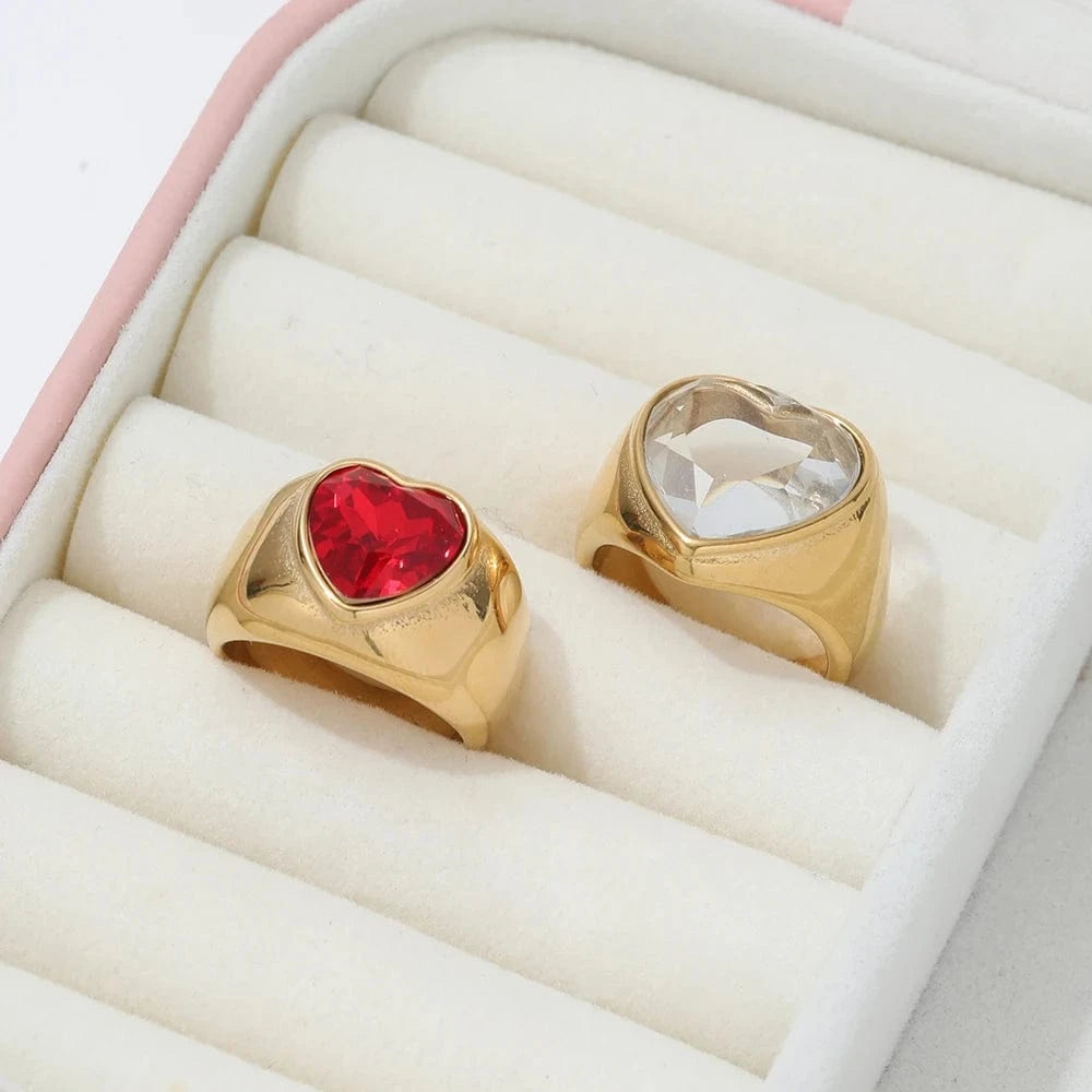 High End 18K Plain Gold Zirconia Heart Statement Rings Stainless Steel Trendy Simple Gold Plated Jewelry