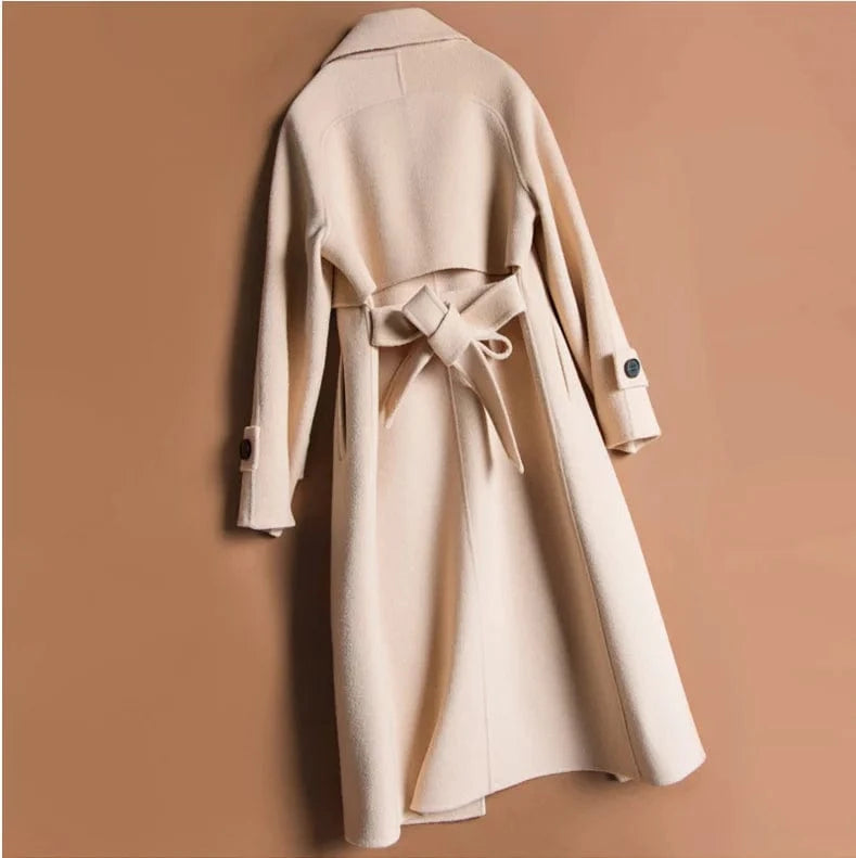 high-end cashmere Ladies Long Winter Elegant Belt Lapel Overcoat Jacket Women Trench Wool Designer Coat