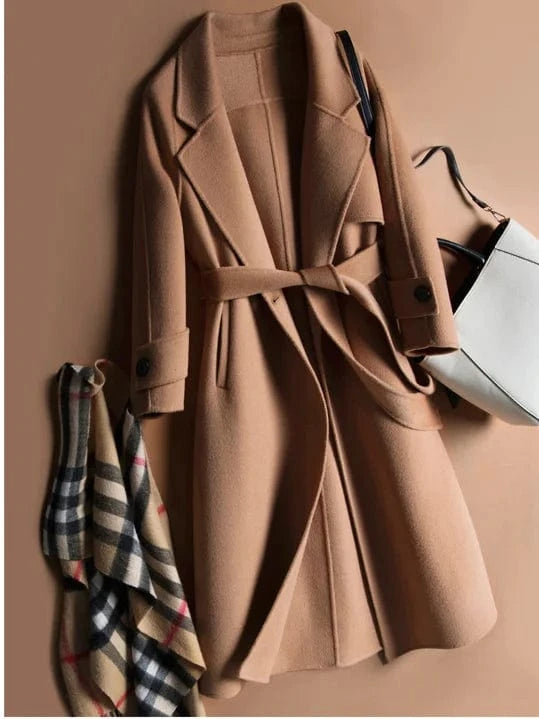 high-end cashmere Ladies Long Winter Elegant Belt Lapel Overcoat Jacket Women Trench Wool Designer Coat