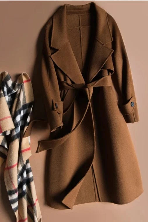 high-end cashmere Ladies Long Winter Elegant Belt Lapel Overcoat Jacket Women Trench Wool Designer Coat