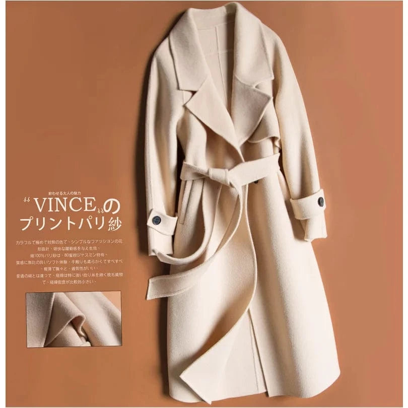 high-end cashmere Ladies Long Winter Elegant Belt Lapel Overcoat Jacket Women Trench Wool Designer Coat