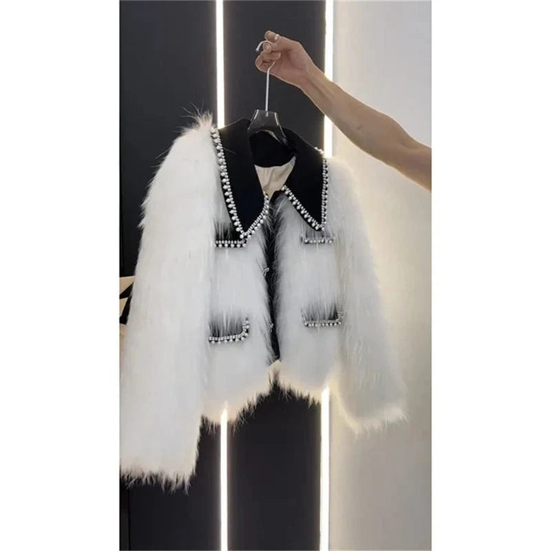 High end Heavy Industry Nail Bead Imitation Fox Fur Grass Coat for Women's Autumn and Winter 2024 New Unique Warm Top Jackets