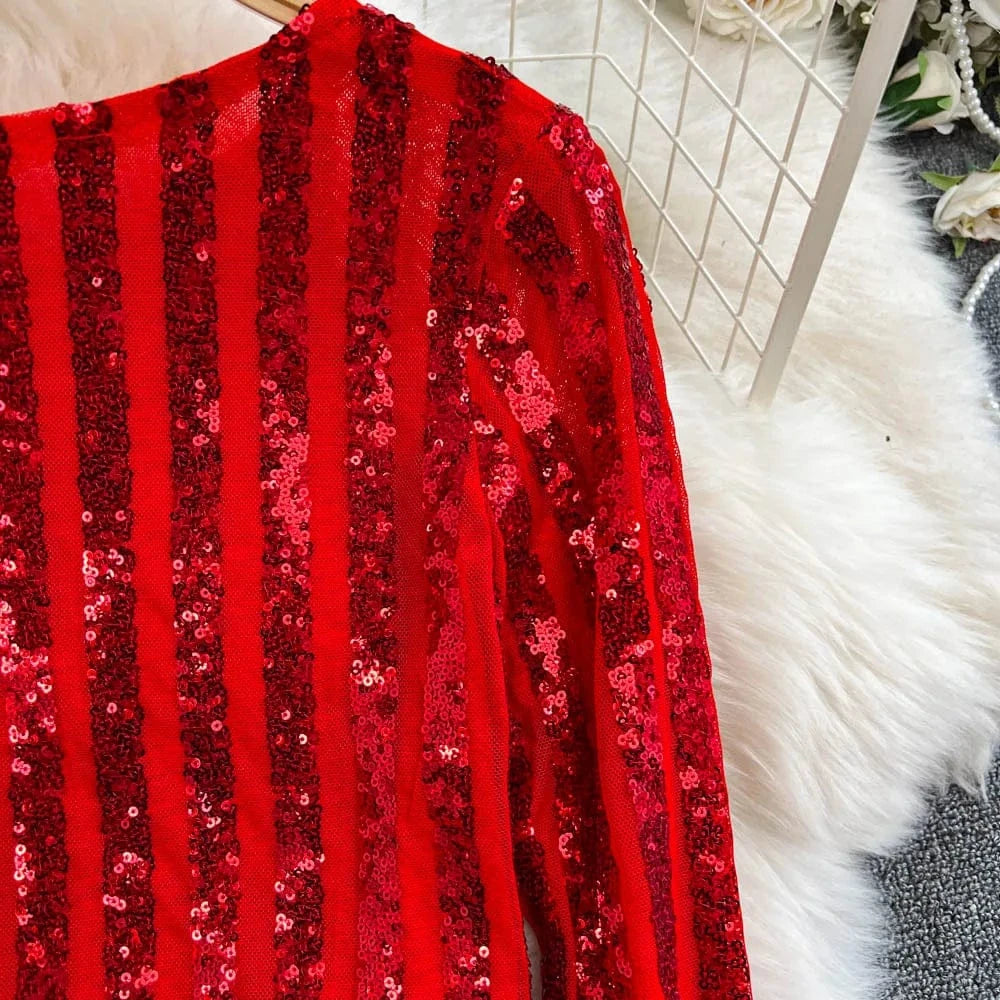 High-End Heavyweight Sequin Splice Me Long Sve round Ne T-irt Women's Spring Summer New Slimming Top Korean Sle