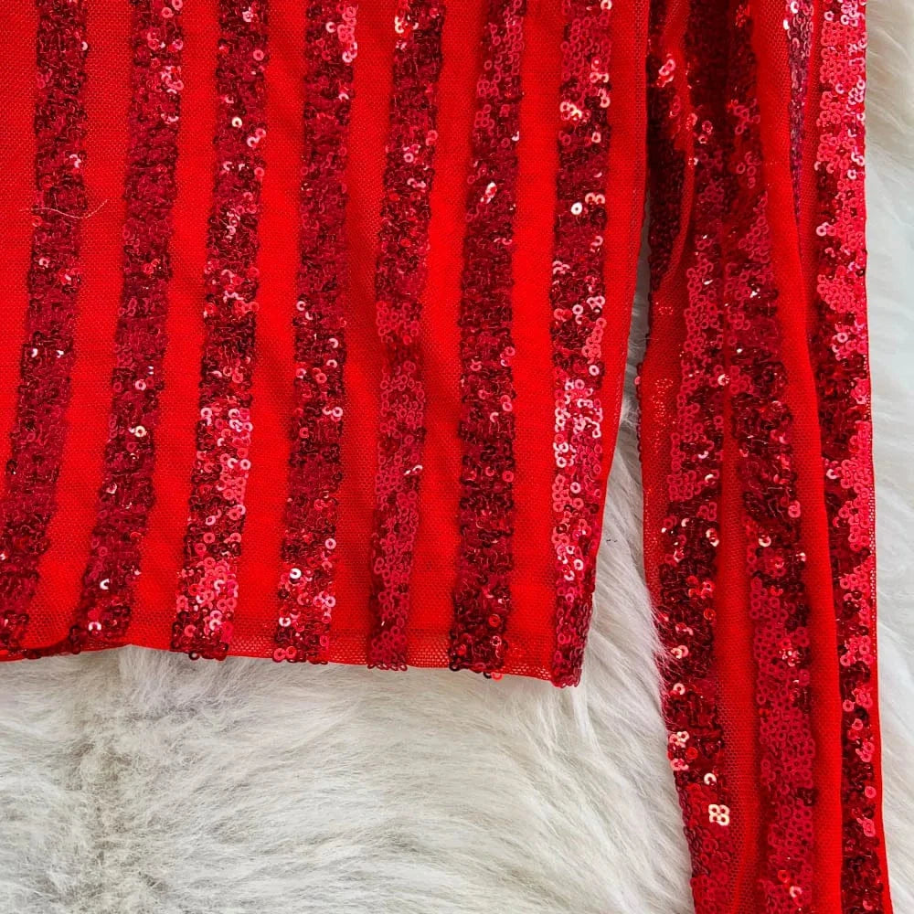 High-End Heavyweight Sequin Splice Me Long Sve round Ne T-irt Women's Spring Summer New Slimming Top Korean Sle