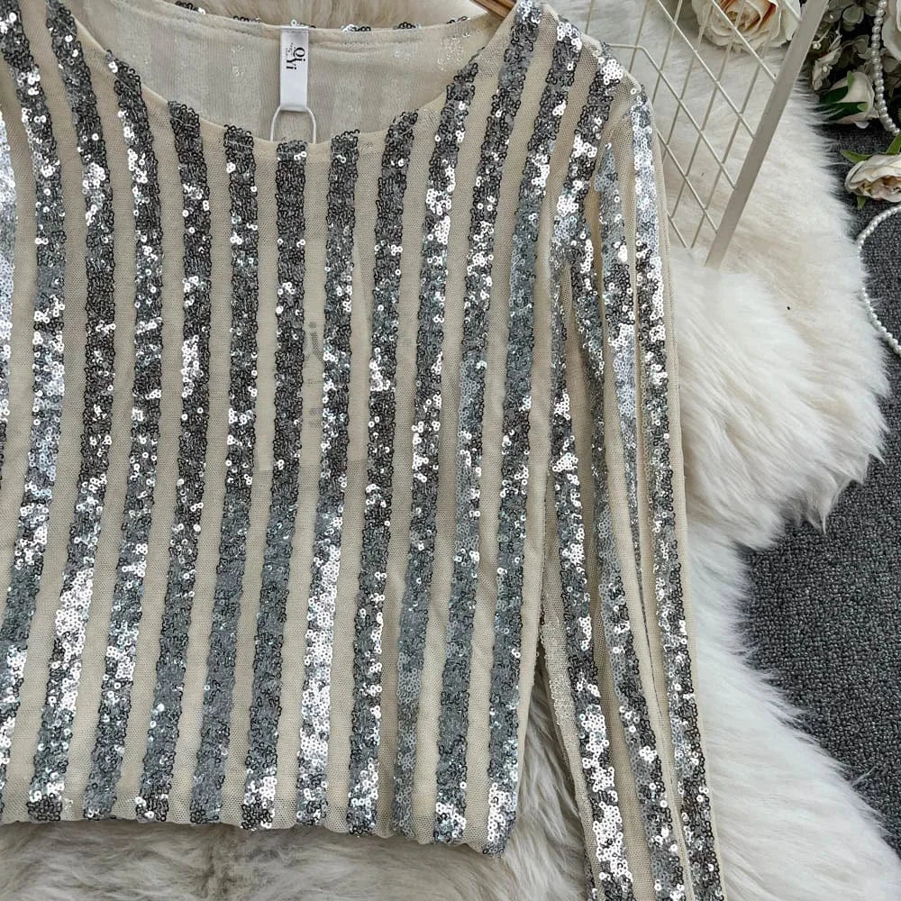High-End Heavyweight Sequin Splice Me Long Sve round Ne T-irt Women's Spring Summer New Slimming Top Korean Sle