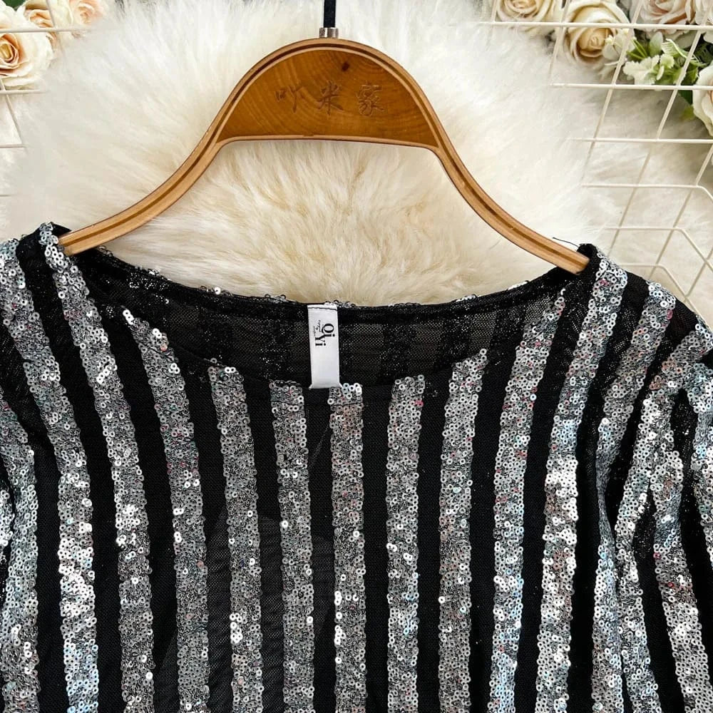 High-End Heavyweight Sequin Splice Me Long Sve round Ne T-irt Women's Spring Summer New Slimming Top Korean Sle