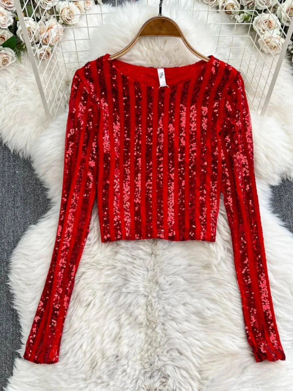High-End Heavyweight Sequin Splice Me Long Sve round Ne T-irt Women's Spring Summer New Slimming Top Korean Sle