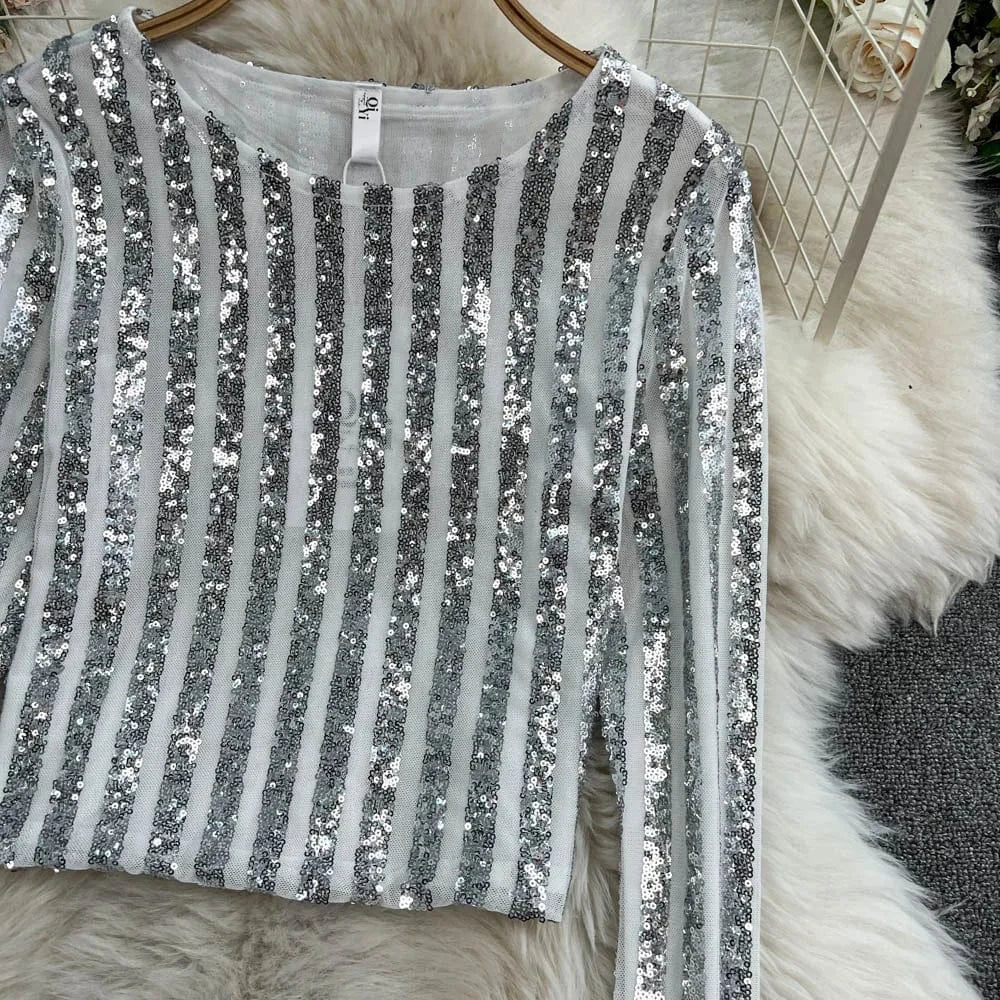 High-End Heavyweight Sequin Splice Me Long Sve round Ne T-irt Women's Spring Summer New Slimming Top Korean Sle