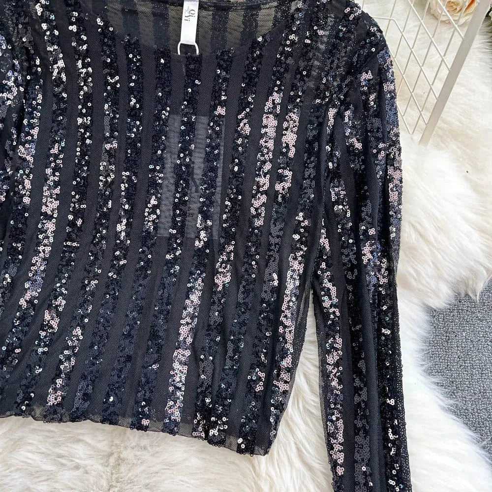 High-End Heavyweight Sequin Splice Me Long Sve round Ne T-irt Women's Spring Summer New Slimming Top Korean Sle