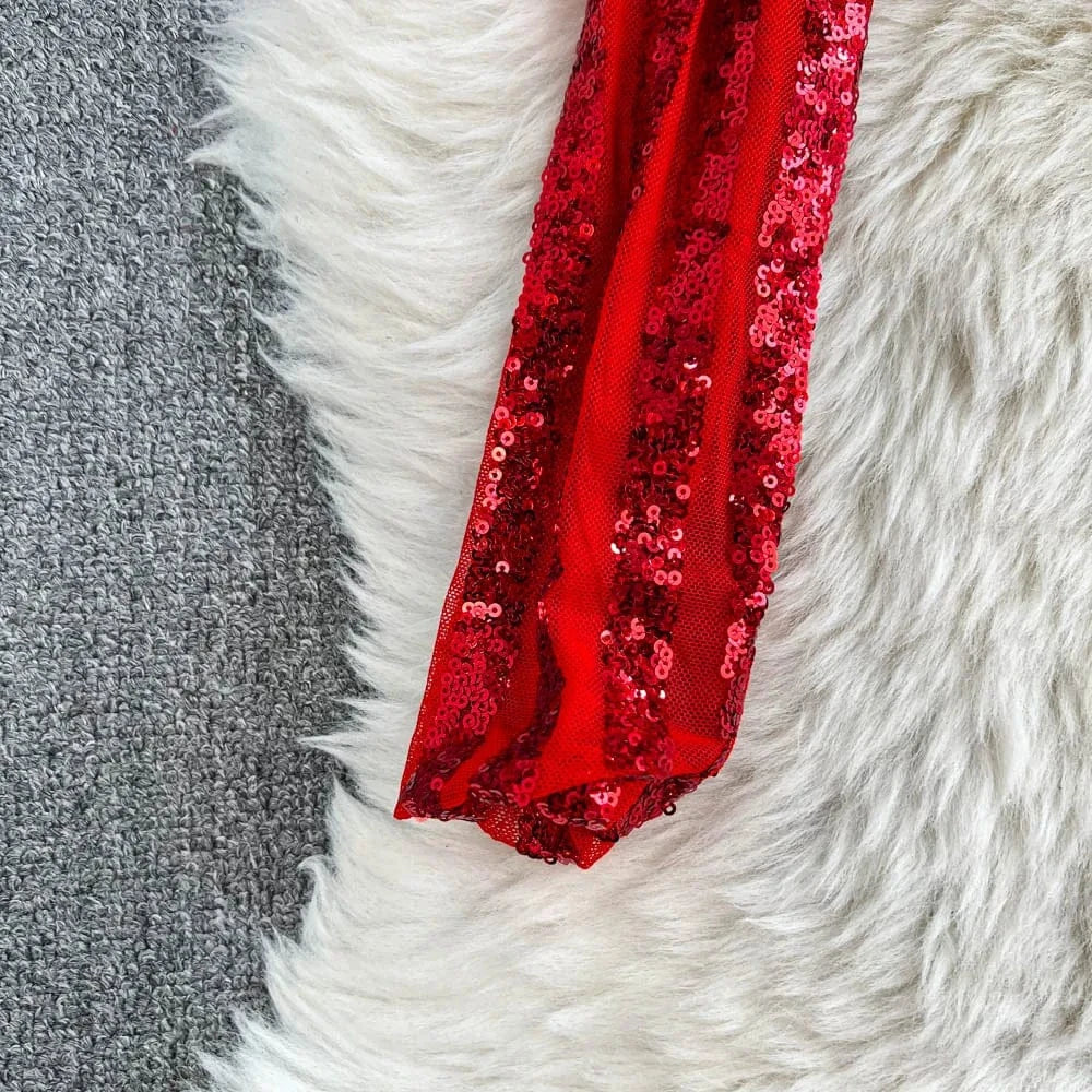 High-End Heavyweight Sequin Splice Me Long Sve round Ne T-irt Women's Spring Summer New Slimming Top Korean Sle