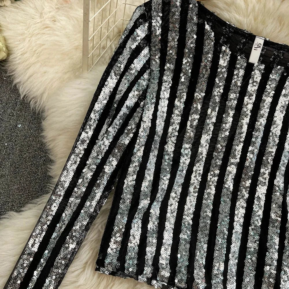 High-End Heavyweight Sequin Splice Me Long Sve round Ne T-irt Women's Spring Summer New Slimming Top Korean Sle