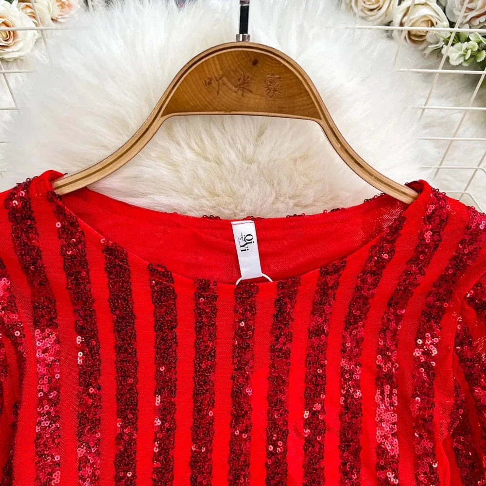High-End Heavyweight Sequin Splice Me Long Sve round Ne T-irt Women's Spring Summer New Slimming Top Korean Sle
