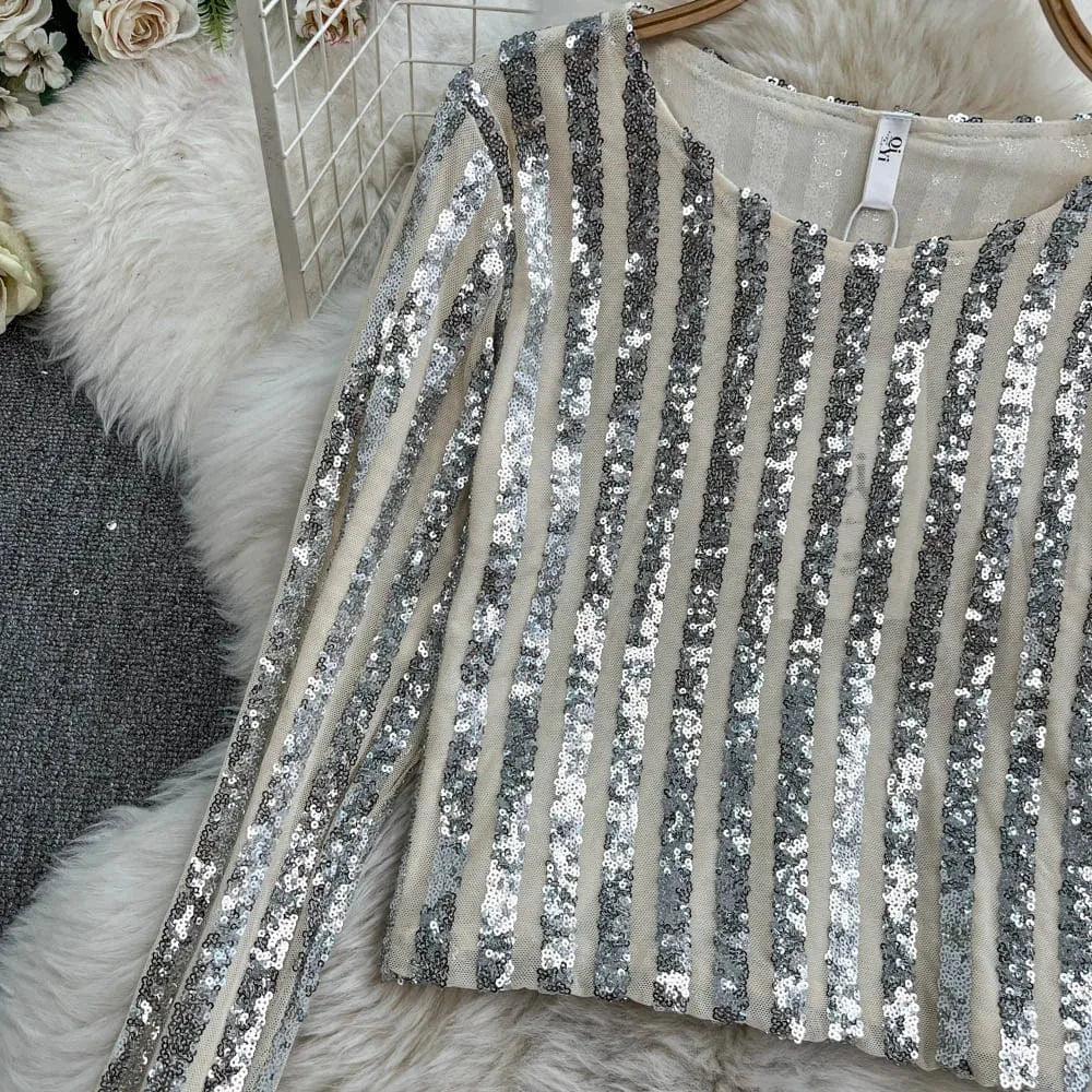 High-End Heavyweight Sequin Splice Me Long Sve round Ne T-irt Women's Spring Summer New Slimming Top Korean Sle