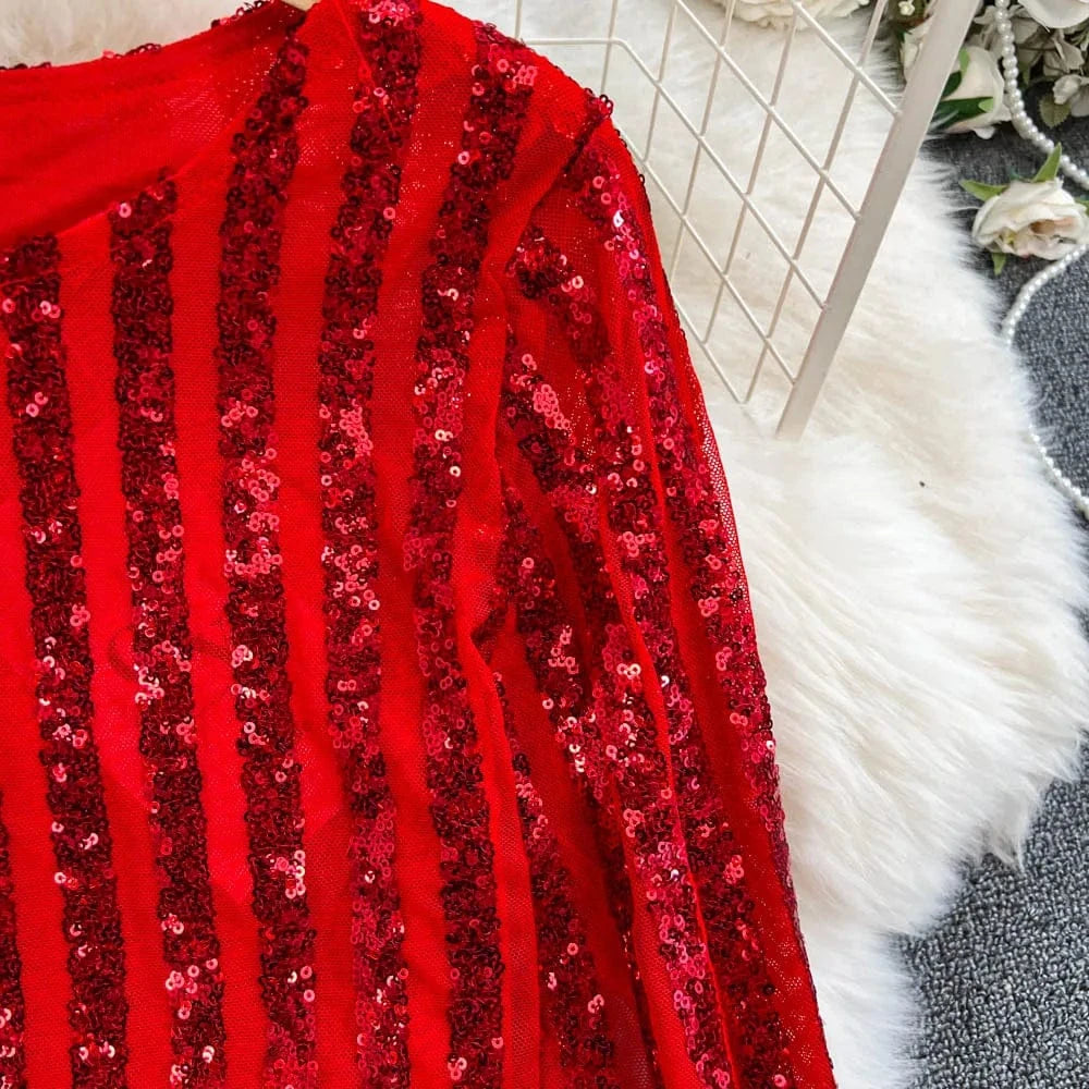High-End Heavyweight Sequin Splice Me Long Sve round Ne T-irt Women's Spring Summer New Slimming Top Korean Sle