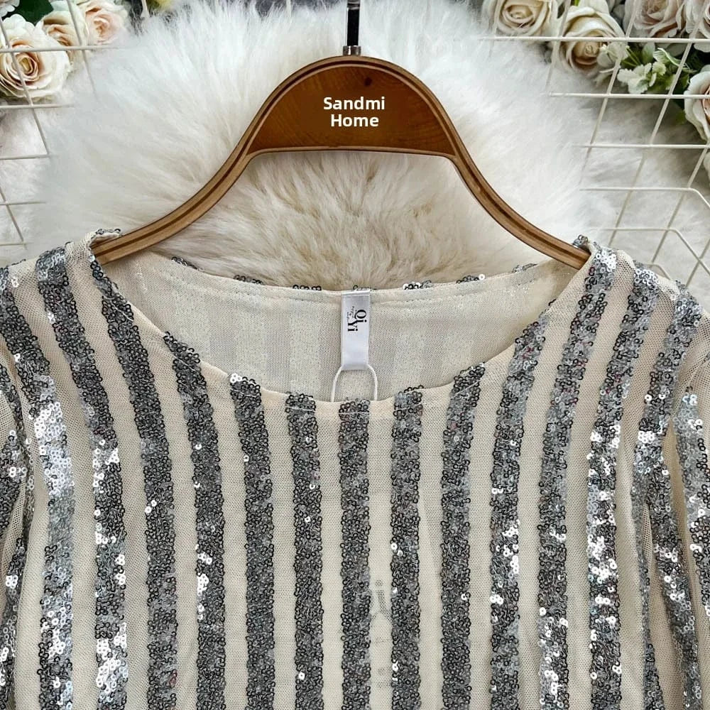 High-End Heavyweight Sequin Splice Me Long Sve round Ne T-irt Women's Spring Summer New Slimming Top Korean Sle