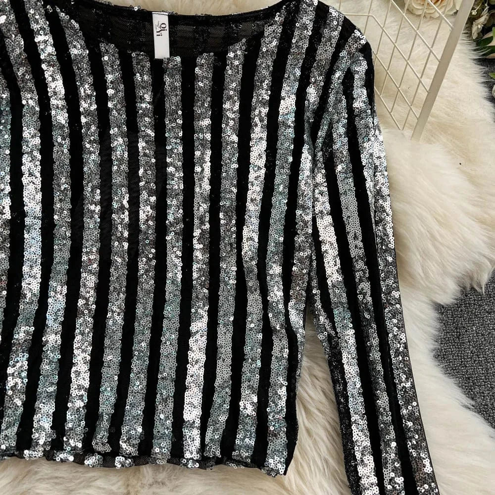 High-End Heavyweight Sequin Splice Me Long Sve round Ne T-irt Women's Spring Summer New Slimming Top Korean Sle