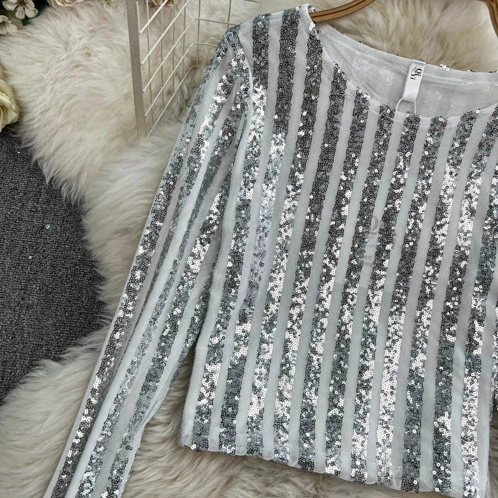 High-End Heavyweight Sequin Splice Me Long Sve round Ne T-irt Women's Spring Summer New Slimming Top Korean Sle
