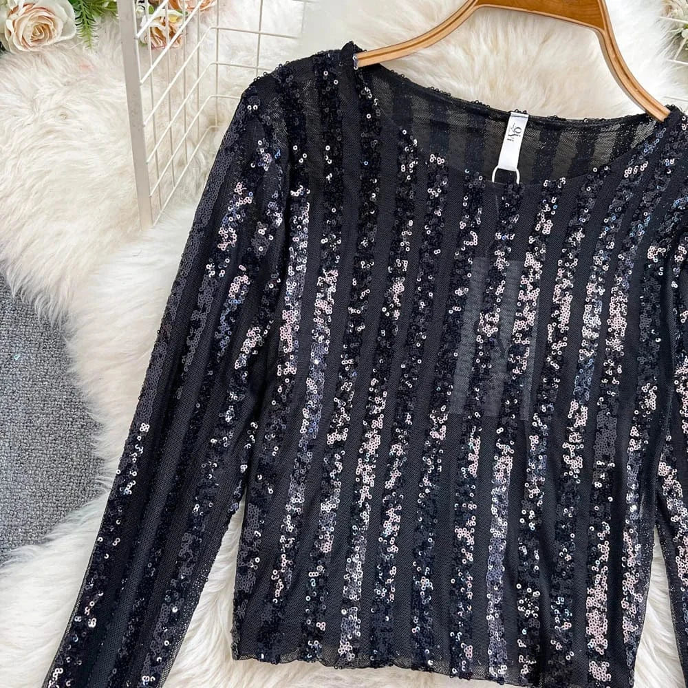 High-End Heavyweight Sequin Splice Me Long Sve round Ne T-irt Women's Spring Summer New Slimming Top Korean Sle