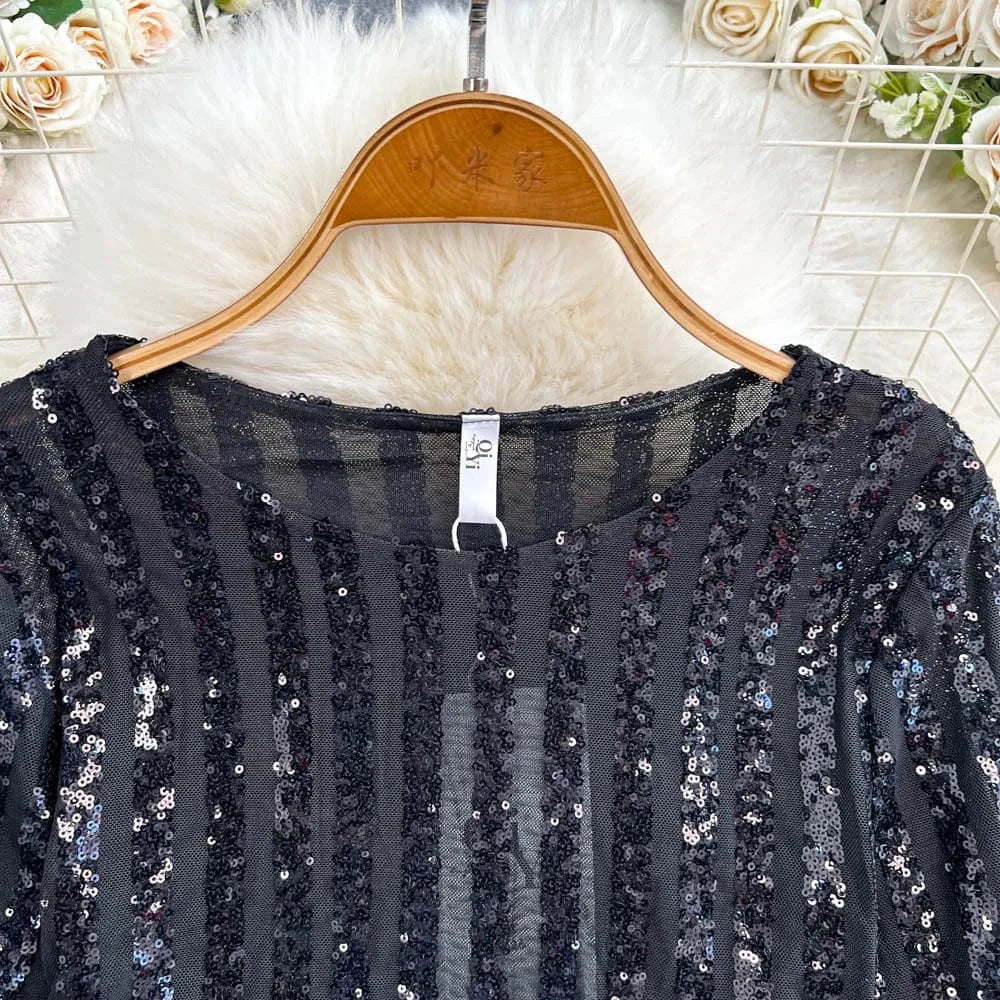 High-End Heavyweight Sequin Splice Me Long Sve round Ne T-irt Women's Spring Summer New Slimming Top Korean Sle