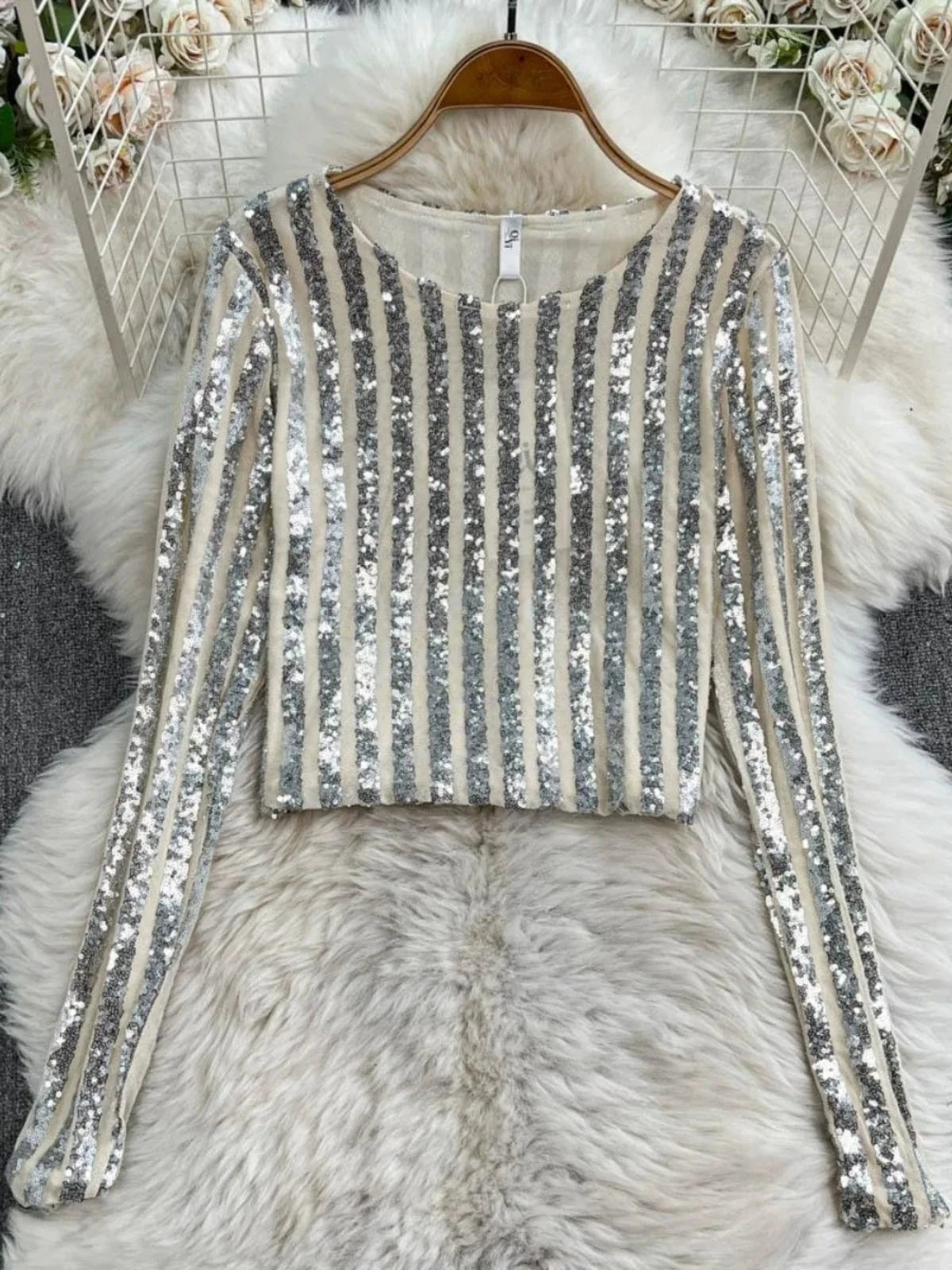 High-End Heavyweight Sequin Splice Me Long Sve round Ne T-irt Women's Spring Summer New Slimming Top Korean Sle