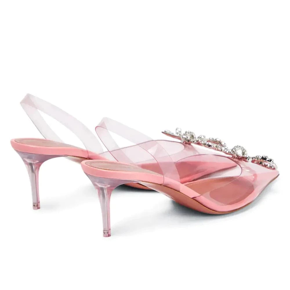 High-end Luxury Clear PVC Rhinestones Bowknot Pointed Toe Rhinestone Women Heel Sandals name brands sandals