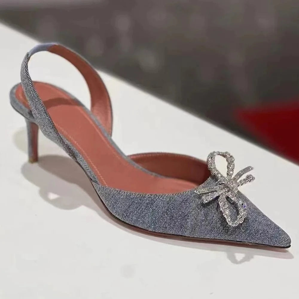 High-end Luxury Clear PVC Rhinestones Bowknot Pointed Toe Rhinestone Women Heel Sandals name brands sandals