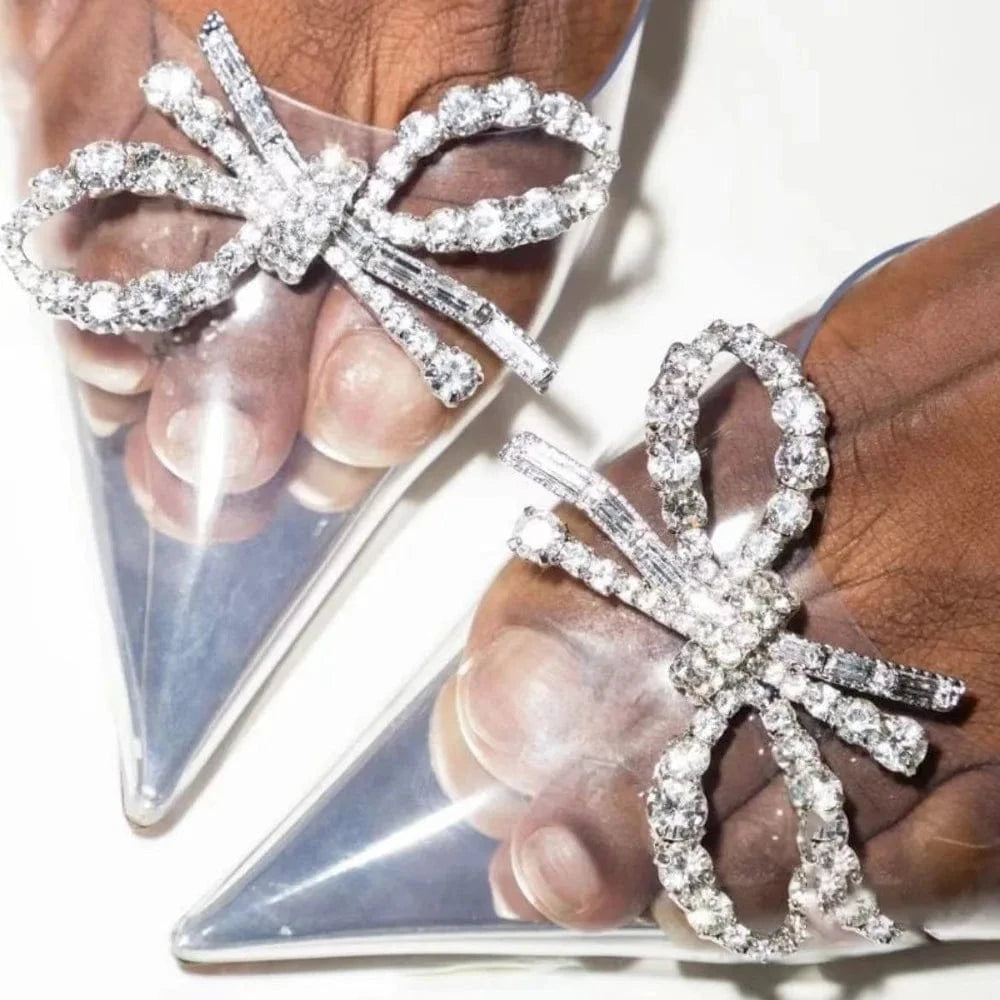 High-end Luxury Clear PVC Rhinestones Bowknot Pointed Toe Rhinestone Women Heel Sandals name brands sandals
