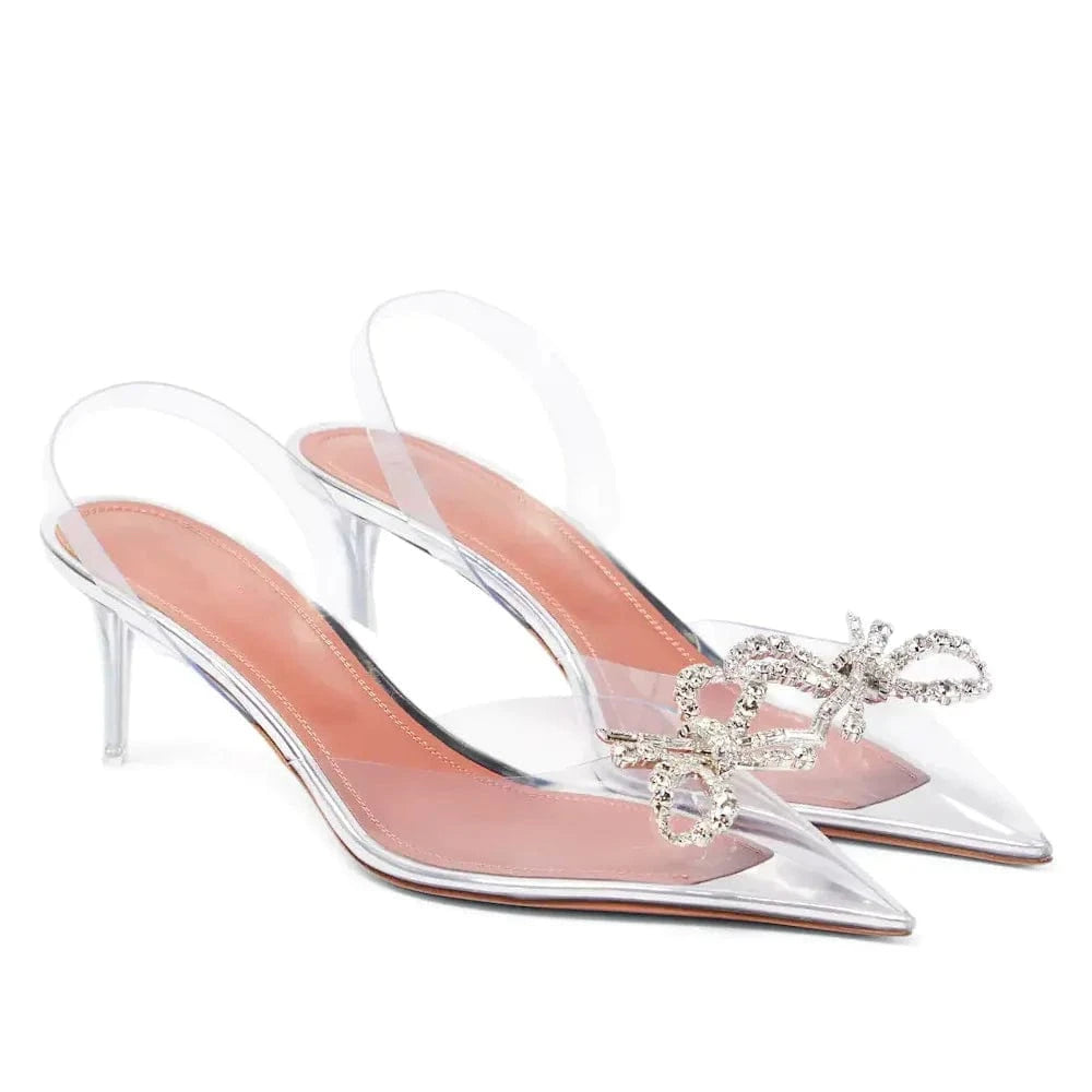 High-end Luxury Clear PVC Rhinestones Bowknot Pointed Toe Rhinestone Women Heel Sandals name brands sandals