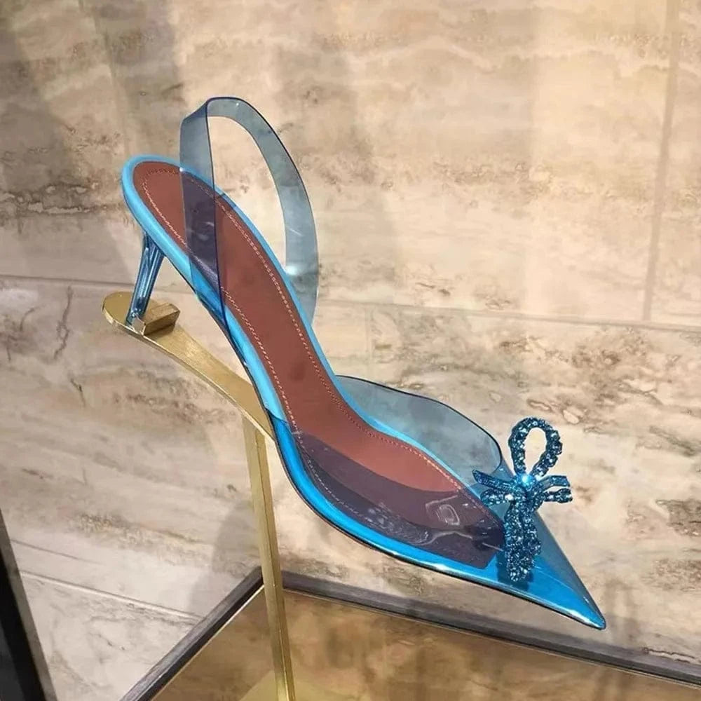High-end Luxury Clear PVC Rhinestones Bowknot Pointed Toe Rhinestone Women Heel Sandals name brands sandals