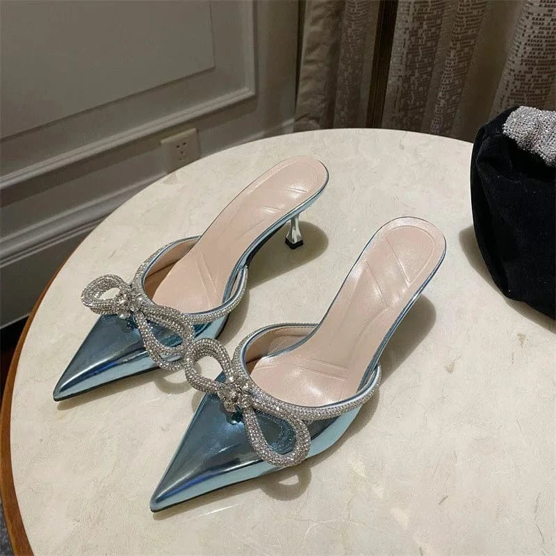 High fashion ladies diamond lace crystal mules elegant women shoes rhinestone bowknot pointed toe shining custom heels sandals