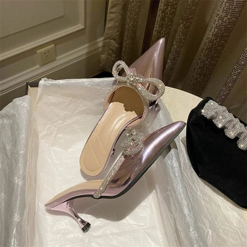 High fashion ladies diamond lace crystal mules elegant women shoes rhinestone bowknot pointed toe shining custom heels sandals