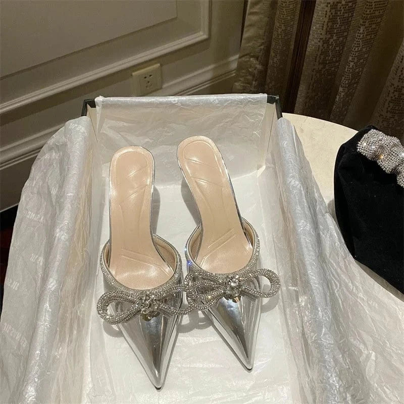 High fashion ladies diamond lace crystal mules elegant women shoes rhinestone bowknot pointed toe shining custom heels sandals